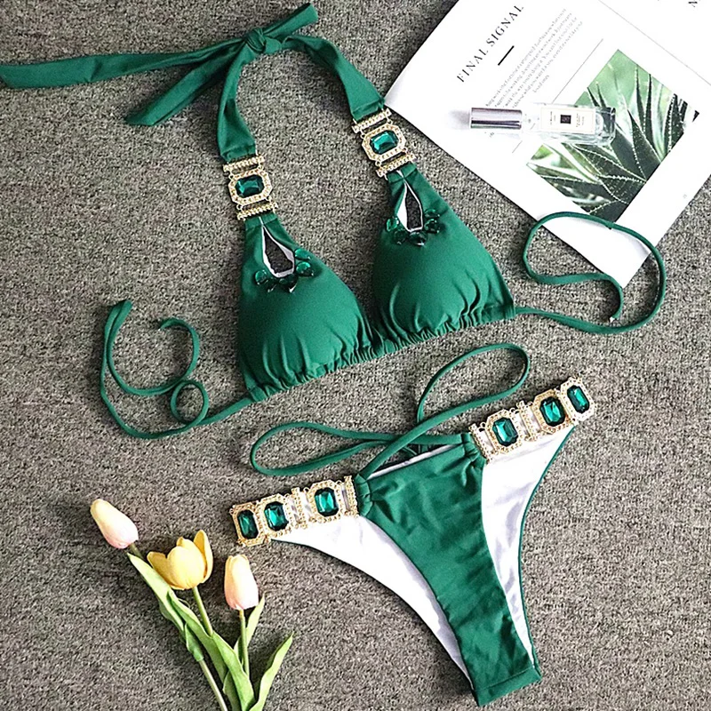 

Sexy Crystal Diamond Bikini 2020 Female Halter Bandeau Swimsuit Women Brazilian Swimwear Two piece Bikini set Thong Bathing Suit