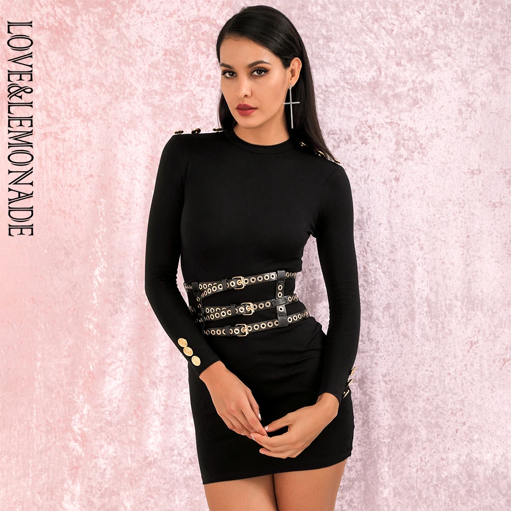 Женское мини платье LOVE & LEMONADE черное/золотое облегающее на пуговицах с длинным