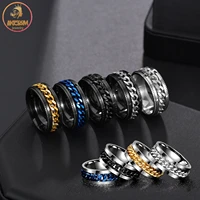 akizoom 8mm vintage punk rock men spinner chain rotatable ring stainless steel band rings for women male party gift anillos