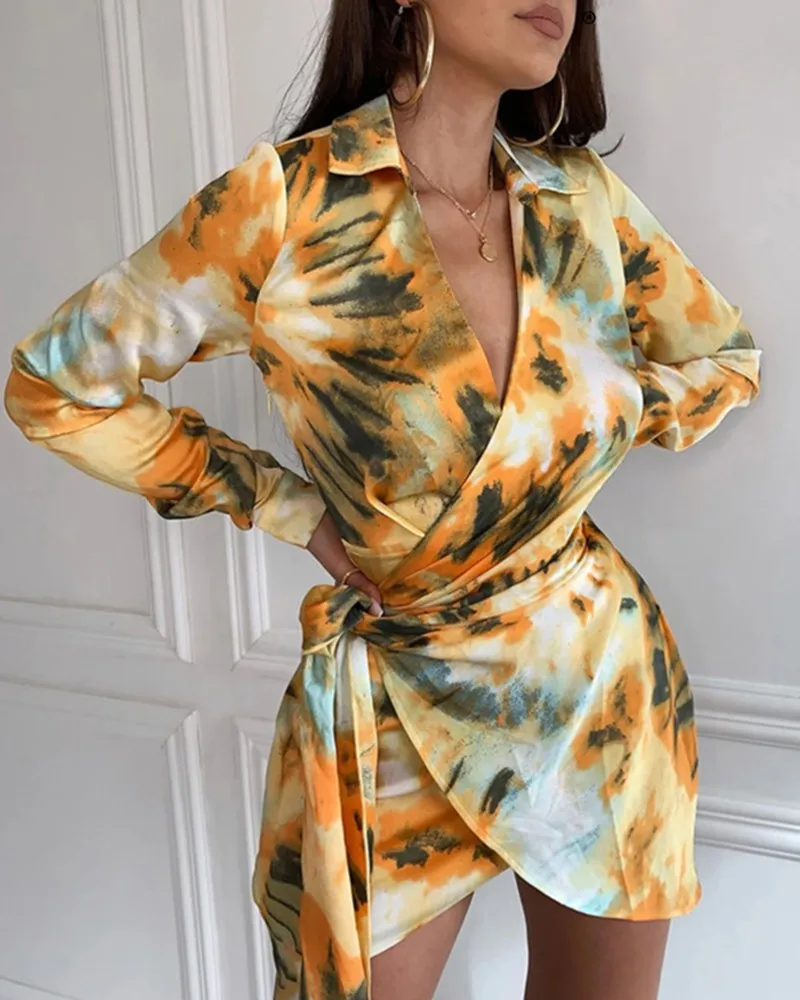 

Ladies Spring and Autumn Tie-dye Wrapped Lapel Long Sleeve Lace-up Mini Dress New Fashion Casual Beach Seaside Holiday Dress
