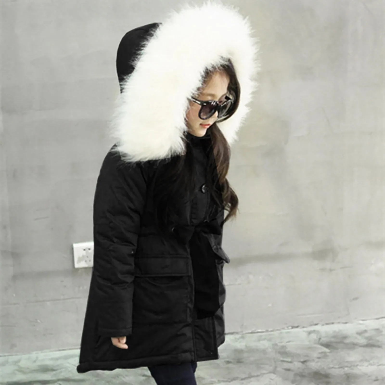 

Fur Collar Hoodie Wadded Coat for Girl Jacket Padded Coat Thicken Warm Winter Jacket Kids Drawstring Hooded Parkas