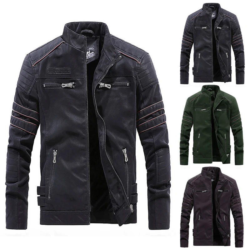 

Men Outwear Jackets PU Leather Coat Zipper Pocket Long Sleeve Warm for Winter SER88