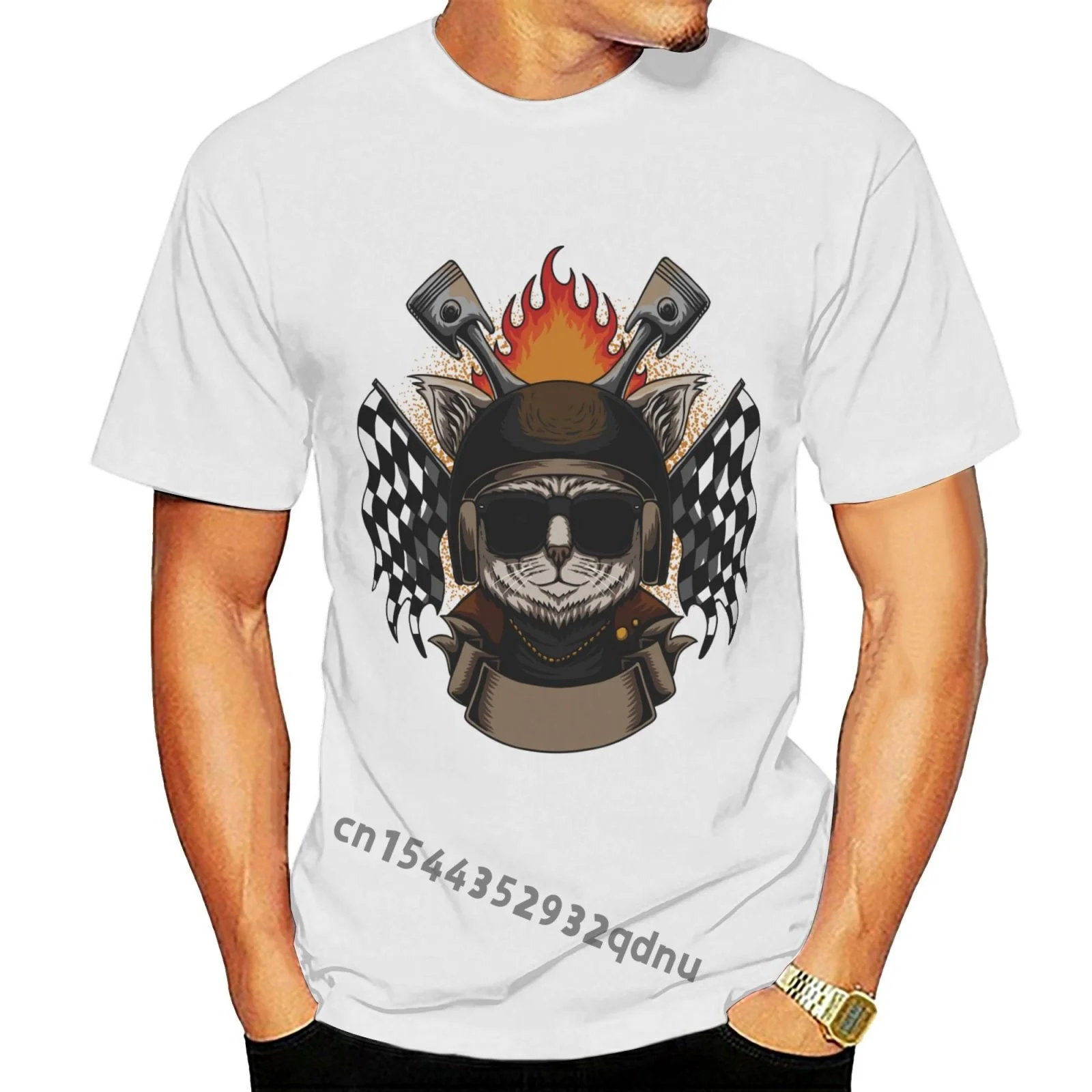 

White T-shirt Cat Helmet Motorcycle AMC All sizes S-6XL male Teeshirt Summer Top Tees Man Brand Tee-shirt