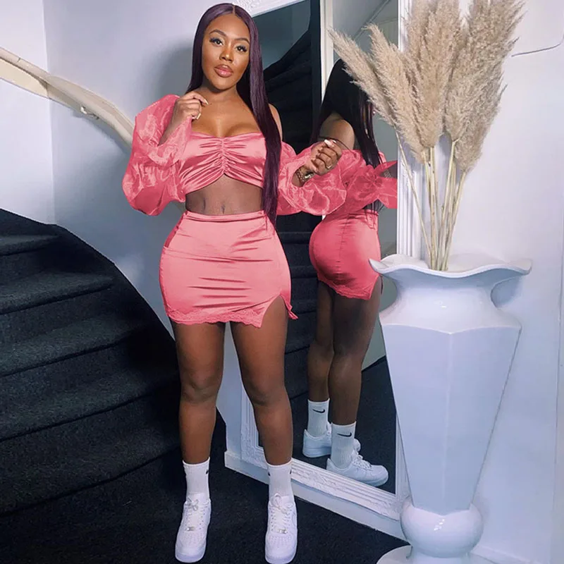 

Sexy Bodycon Two Piece Set Women Skirt and Top Night Party Puff Sleeve Club Outfits Strapless 2 Piece Dress Sets Matching Sets