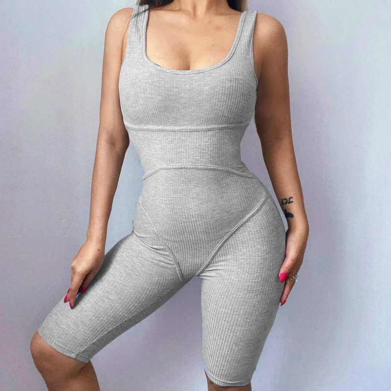 

Gray Comfortable Casual Playsuits Sexy Sleeveless Waist Backless Bodycon Rompers Yoga Sports Line Solid Color Skinny Bodysuits