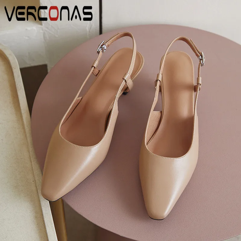 

Женские босоножки на тонком каблуке VERCONAS, черные босоножки из натуральной кожи с острым носком, на лето 2021