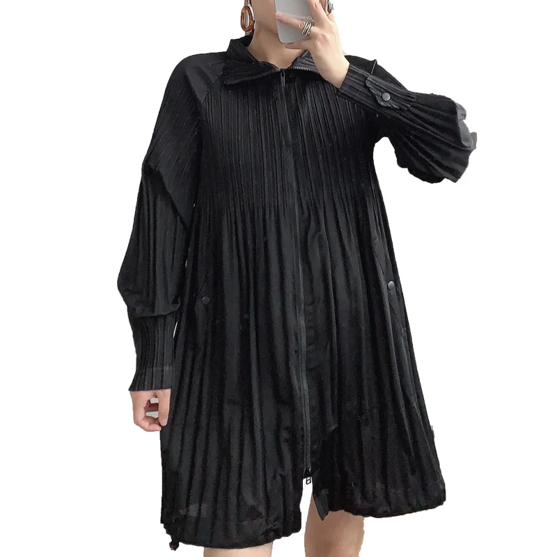 

Miyake Pleated Jacket For Women 45-75kg Spring 2021 Fashion Turn Down Collar Long Sleeved Loose Casual Zipper Black Coat Female