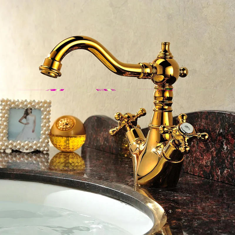 

Advanced 100%copper European rose gold basin faucet hot and cold American gold basin basin double handle single hole faucet