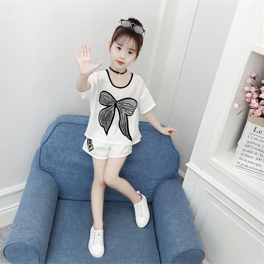 Одежда для девочек сплошной цвет топ футболка + шорты комплект одежды летней
