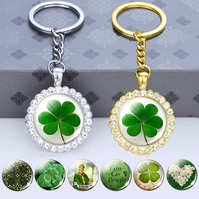 

Shamrock Four-Leaf Clover Keychain Glass Cabochon Rhinestone Pendant Keyring St Patrick's Day Lucky Jewelry for Women Men