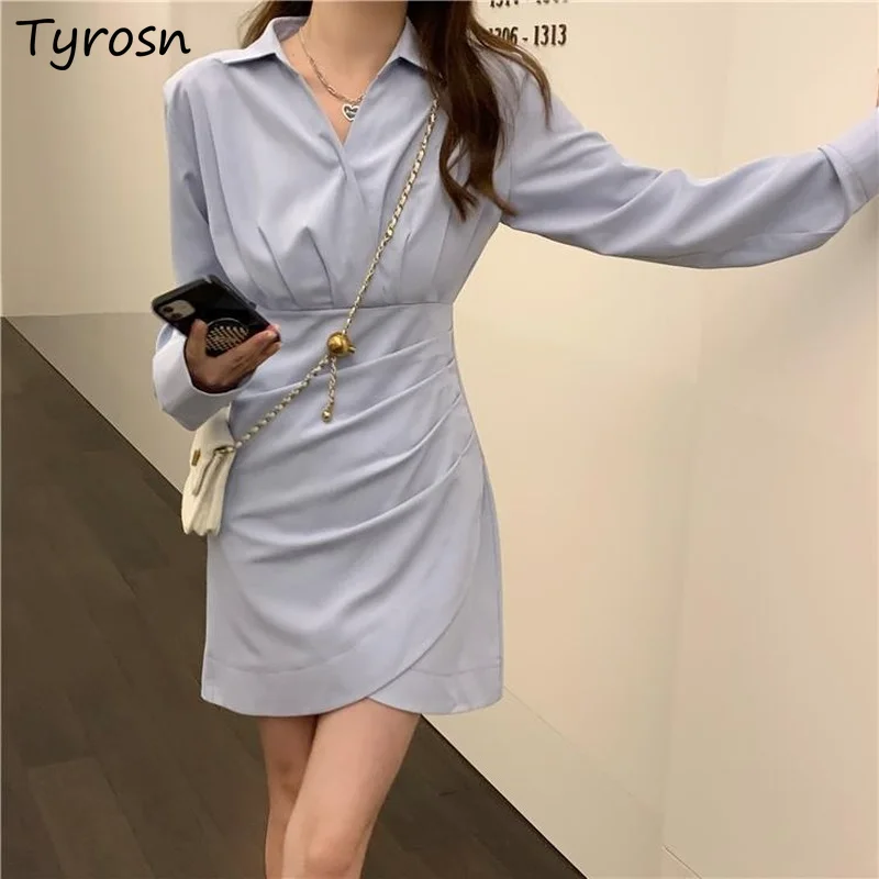 

Women Mini Dresses Folds Irregular Design Long Sleeve Turn-down Collar Temperament Elegant Office Lady Solid French Style Tender