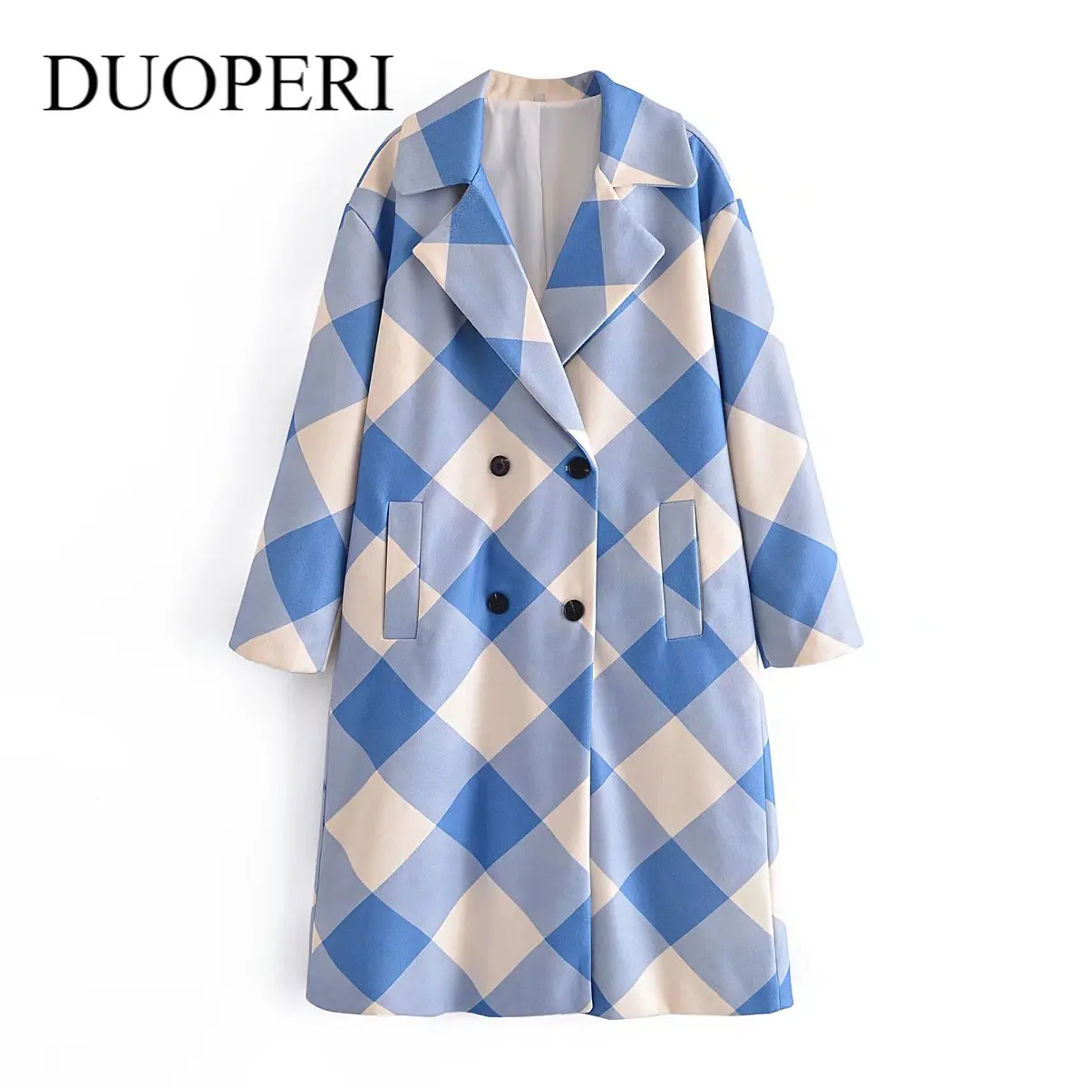 

Пальто женское длинное в клетку, с отложным воротником и боковыми карманами