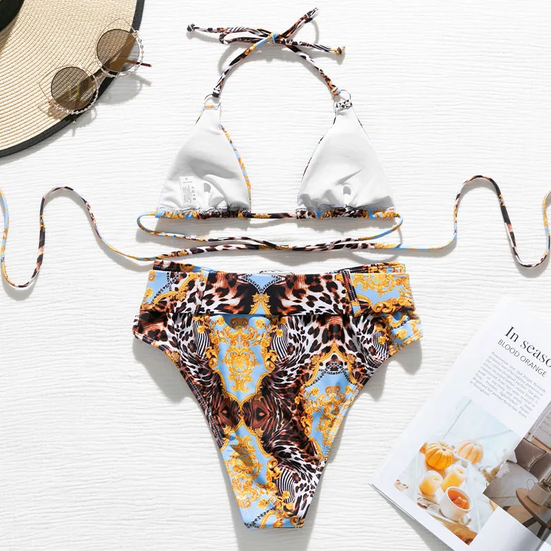 Neon pink two pieces bikini set High waist bathing suit Halter swimwear women String bandage swimsuit female biquini 2020 new | Спорт и