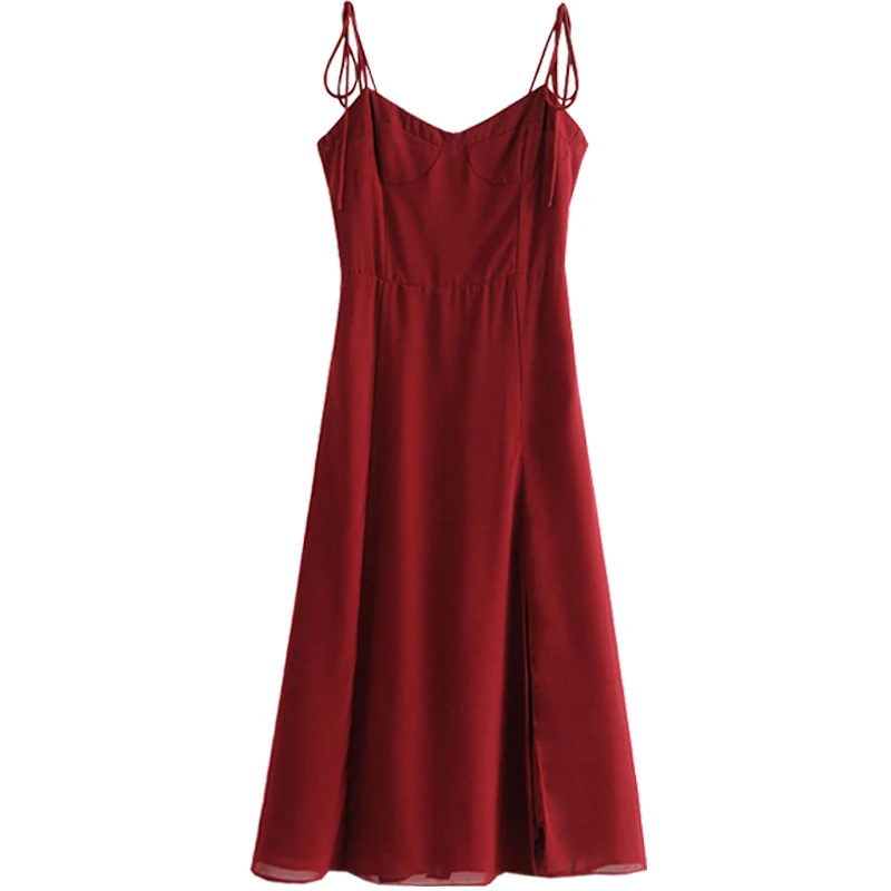 

Cotton French Style Elegant Retro High Waist Slit Long Dress Suspender Skirt Tight Waist Immortal Vacation Style Red Dress