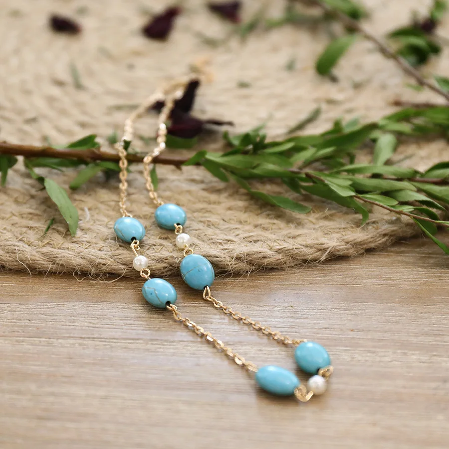 Turquoise Beaded Necklace Long Sweater Chain Women Ladies Gold Metal Ketting Collier Ethnique Boheme Collar Mujer Femme |