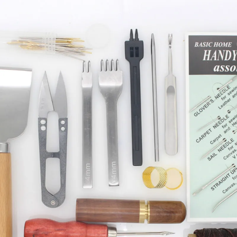 15 Pcs / Lot Leather Sewing Hand Tools Set Needle Edge Hole Punching Wax Thread Knife Scissors Awl and With or Hook|Наборы