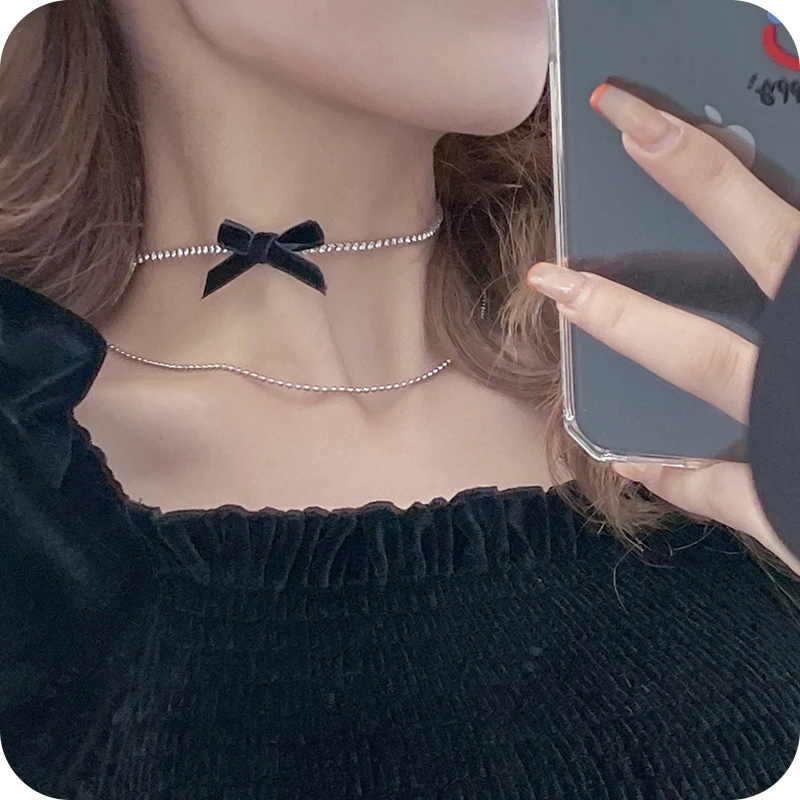 

Internet Celebrity Double-Layer Twin Bow Necklace for Women 2021 New Fashion Clavicle Chain Niche Design Black Necklace