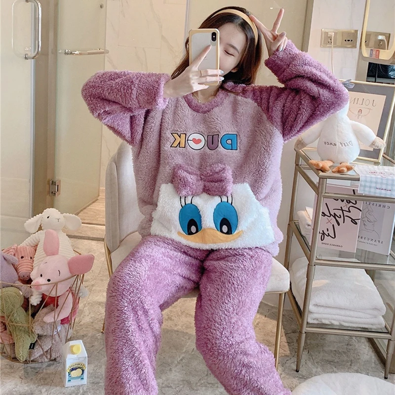 

Flannel Duckie Pajamas Winter Coral Fleece Cartoon Cosplay Clothing Thick Warm Homewear Halloween Costumes For Women Long Sleeve