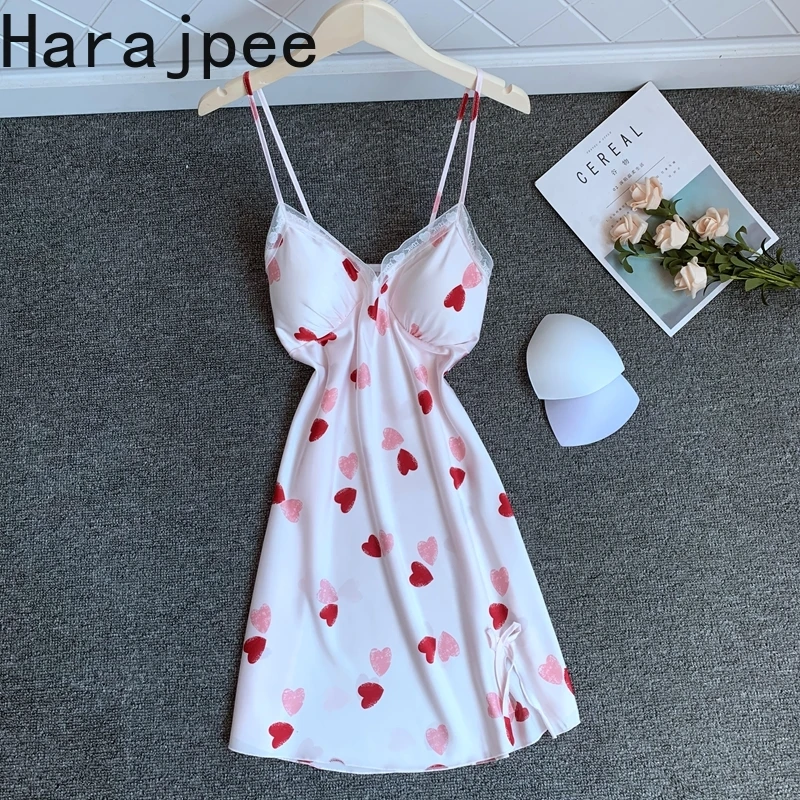 

Harajpee Women Pajama 2021 Summer Ladies French Sexy Temperament Sweet Lace V-Neck Love Print Alluring Style Ice Silk Nightdress