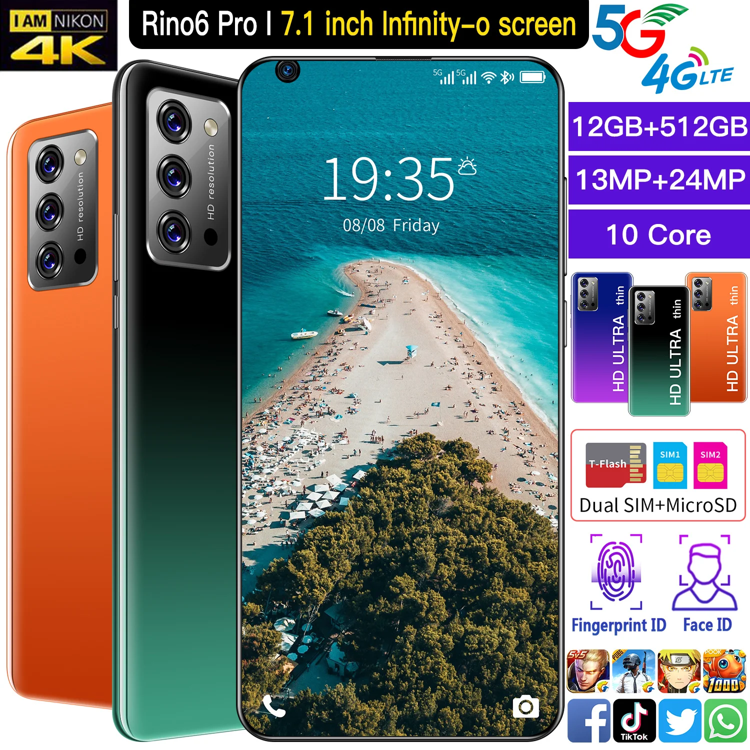 

2021 Hot Sale Rino6 Pro 7.1 Inch Deca Core Dual SIM Andriod Cell Phone 13+24MP 4800mAh 8+256GB Smart Phone MTK6799 Celular