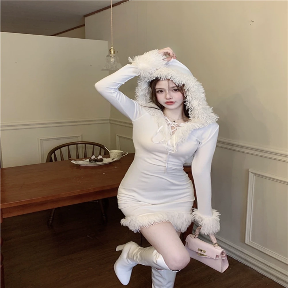 

Sannian Women Dress Fleece Stitching Bandage Hooded Thin Fleece Dress Female Autumn And Winter Is Thin Buttocks Dresses Ladies