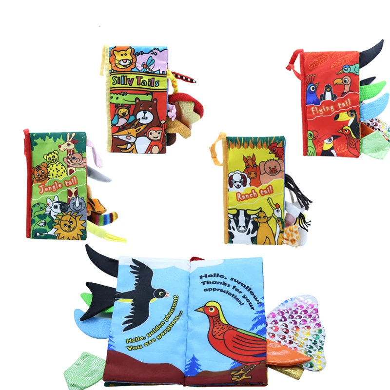 

Тканевые книжки для детей 0-12 месяцев, развивающие познавательные игрушки с животными и хвостом для чтения, детские развивающие тканевые кн...
