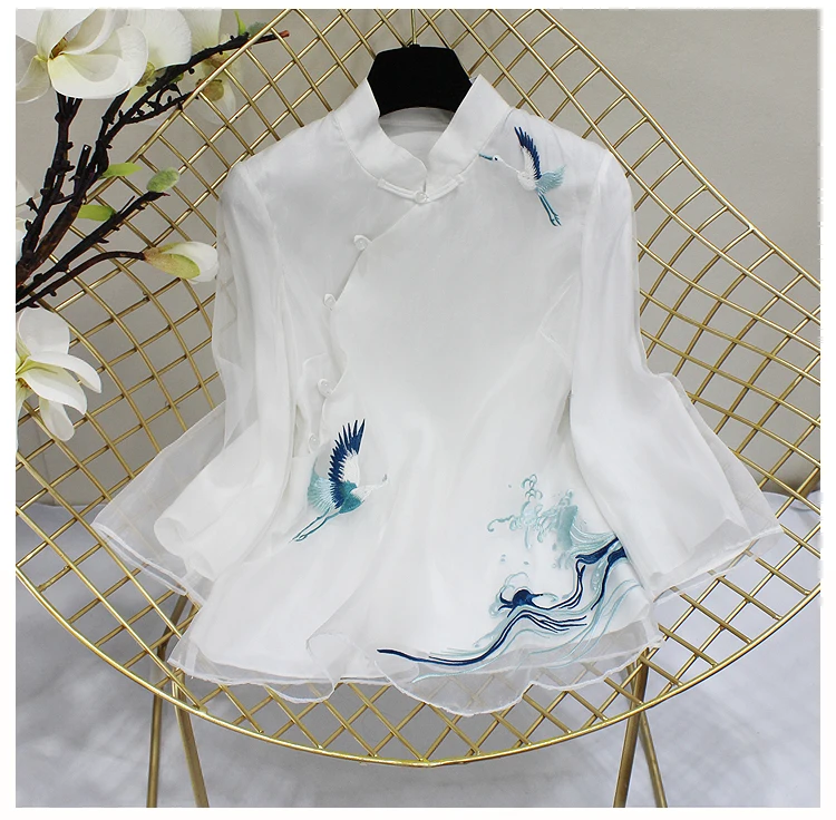 Китайская рубашка, традиционная китайская блузка, qipao Топ, шифон, длинный рукав, женские топы, чонсам, кружевная вышивка, блузка для девушек