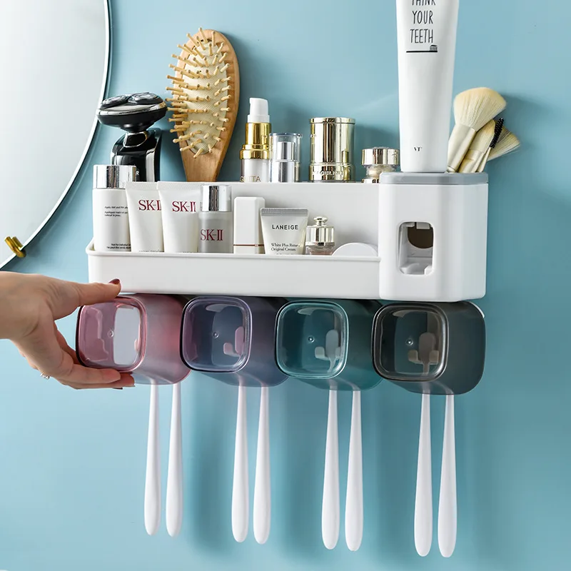 

Non Porous Creative Multifunctional Wall Mounted Toothbrush Holder Cleaning Device Storage Rack Toothpaste Extruder Mouthwash