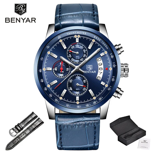 L-blue box Мужские часы BENYAR, новинка, топ класса люкс, бренд, Бизнес Стиль, дата, мужские часы, сетка, нержавеющая сталь, кварцевые часы с хронографом, zegarek meski - Цвет: L-blue box