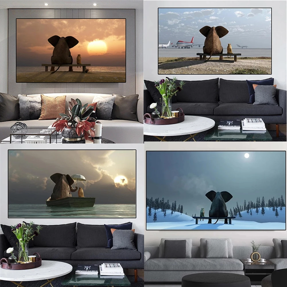 

Abstract Cartoon Elephant Watch The Sunset Moon Painting Nordic Canvas Posters And Prints Wall Art For Kids Room Home Decoration