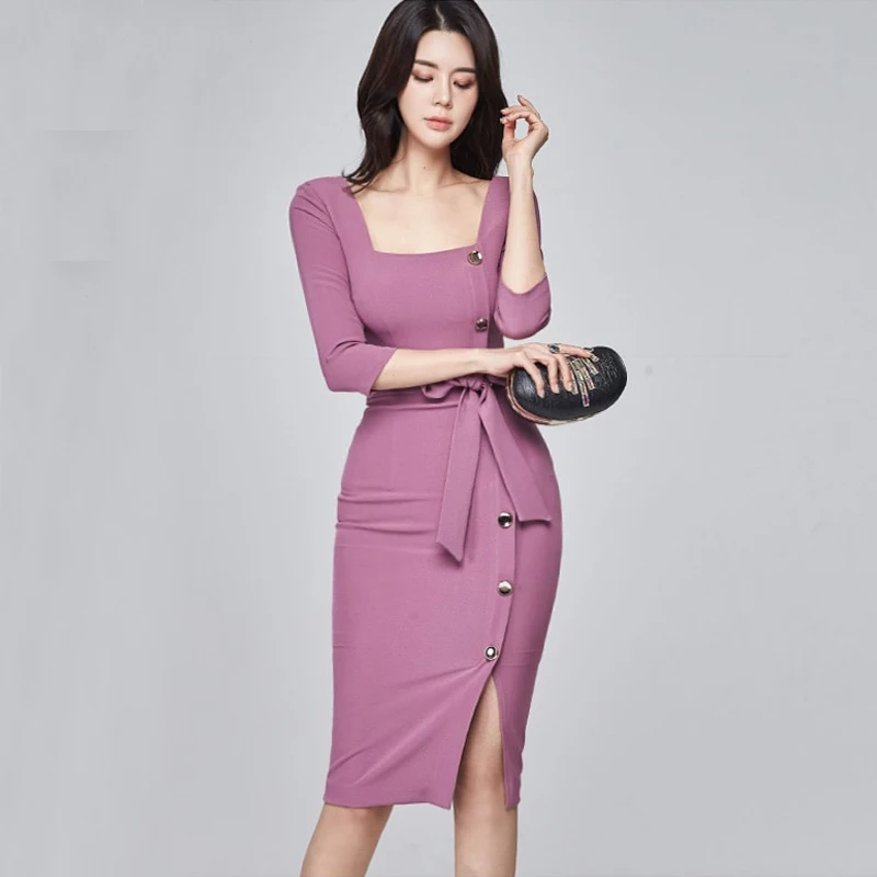 

High End Women Temperament Spring Autumn Slim Bodycon Dress Office Lady Elegant Sheath Lace-up Waist Party Club Dress