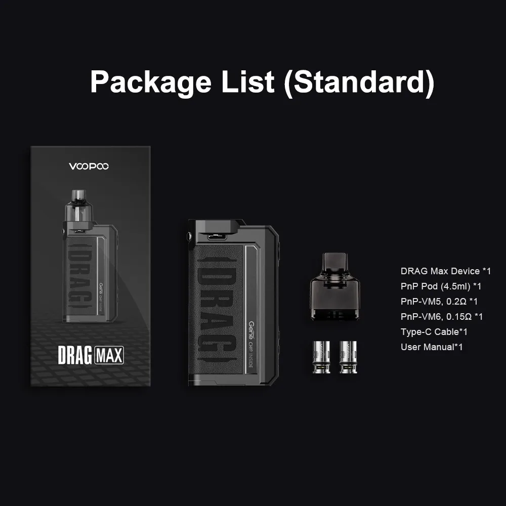 

Original VOOPOO Drag Max Kit 177W Box MOD & 4.5ml Pnp Pod Tank Fit PnP Coil / MTL Pod Electronic Cigarette Vaporizer VS Drag 2