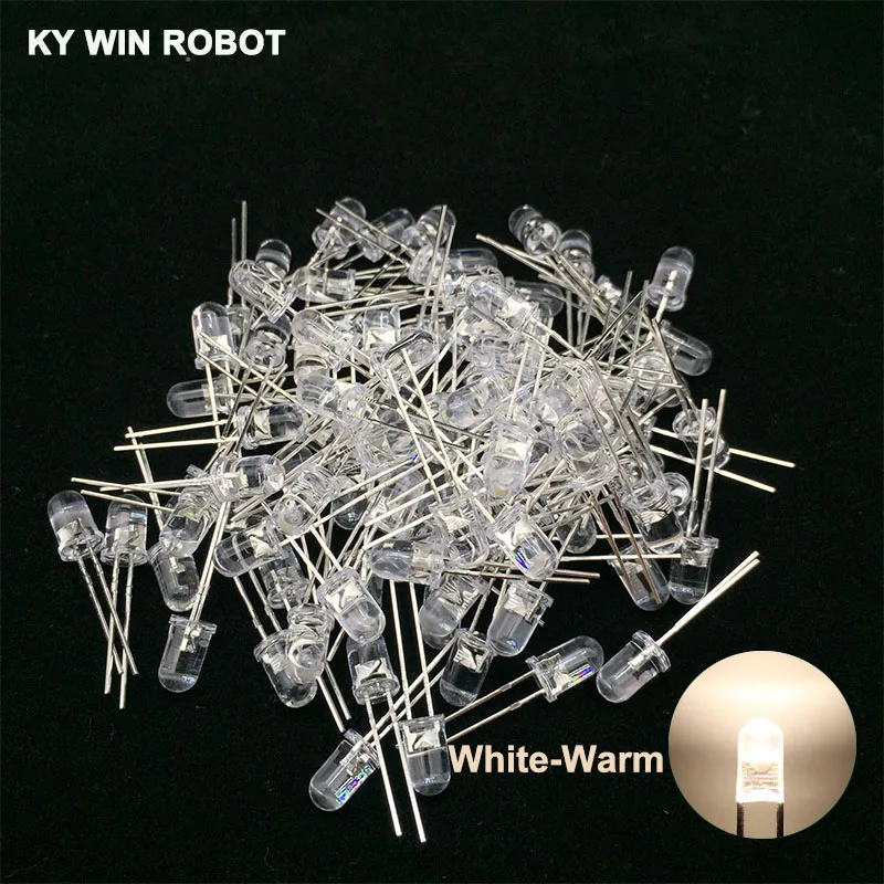 100pcs White-Wram 100 шт. 5 мм светодиодный Диод 5 мм Ассорти комплект белый зеленый красный синий желтый оранжевый розовый фиолетовый теплый белый DIY светильник светодиод - Цвет: 100pcs White-Wram