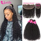 Курчавые Кудрявые пучки с фронтальной 100% человеческие волосы пряди с застежкой бразильские волосы Remy кружевная передняя часть с пряди женщин