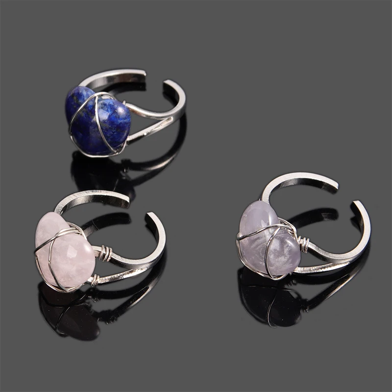 

Fashion Natural Crystal Open Adjustable Rings Heart-shape Quartz Stone Wire Winding Finger Ring Women Exquisite Creative Ring