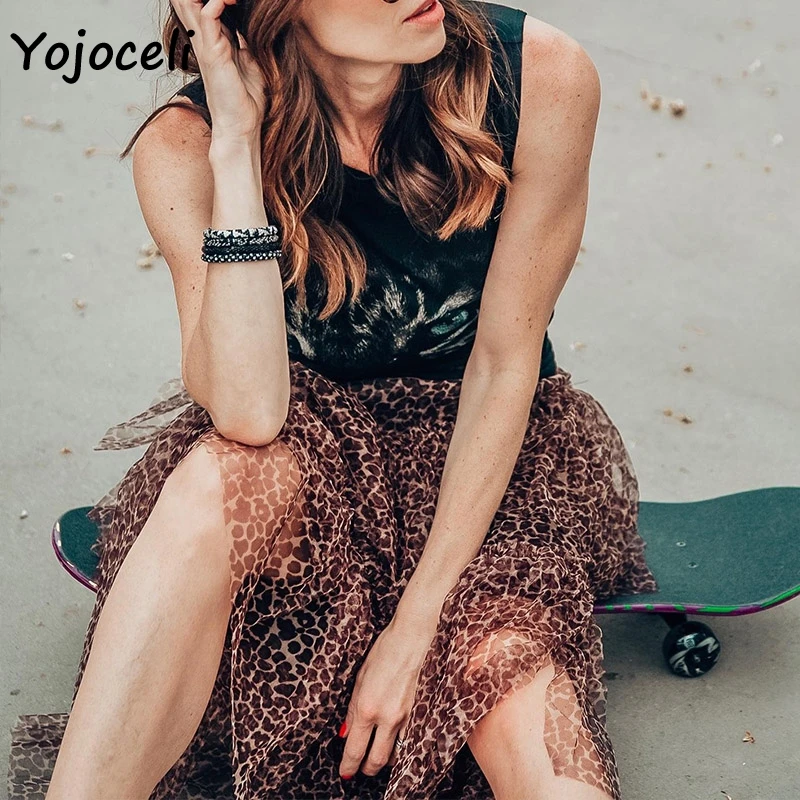 Yojoceli леопардовая юбка сетчатая гофрированная Юбка-миди Женская Лоскутная