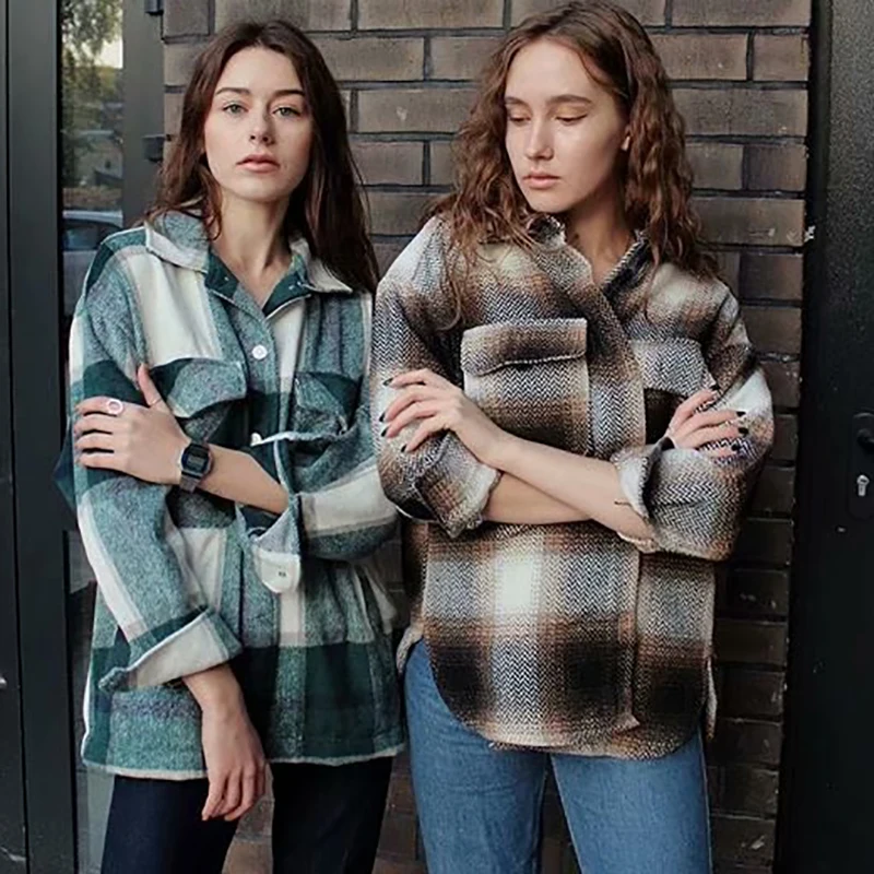 

Plaid Women Oversize Woolen Shirts 2021 Fashion Ladies Soft Thick Shirt Party Female Elegant Loose Tops Vintage Girls Chic Shirt
