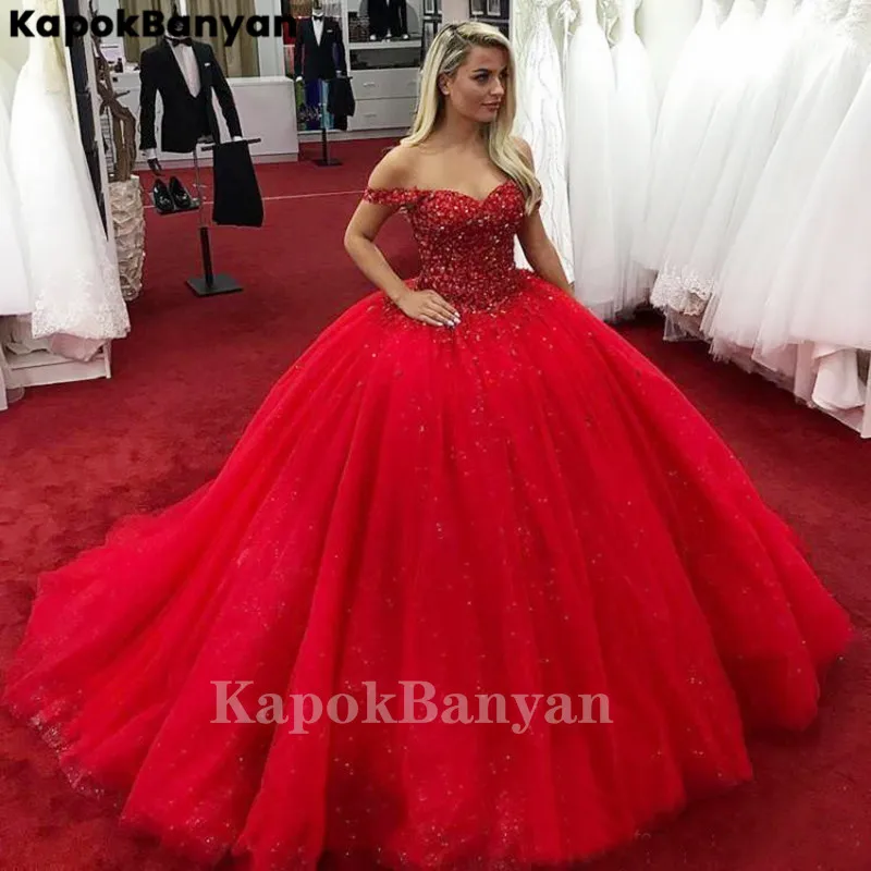 

Red Off-the-shoulder Rhinestones Beads Prom Dress Lace up Court Train Party Ball Gown