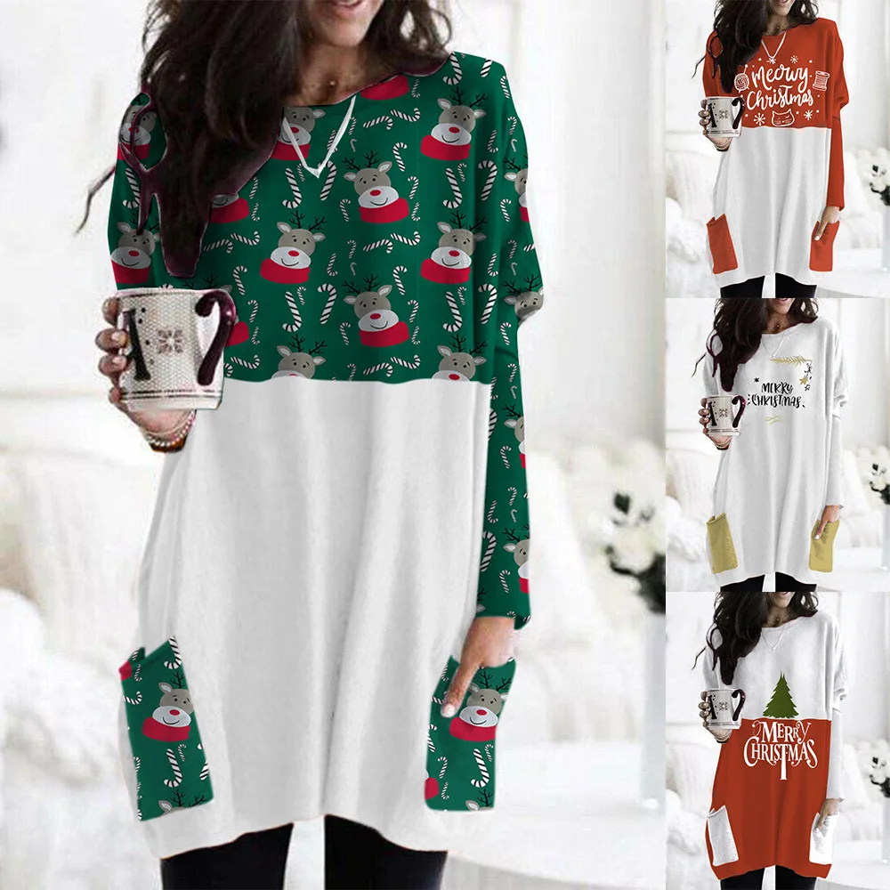 

2021 Strawberry Dress European and American Autumn Straight Dress, Round-necked Pocket Christmas Theme Printing Straight Skirt