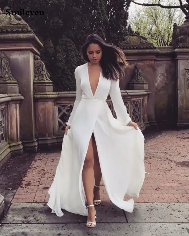 

Женское свадебное платье Smileven, с длинным рукавом, с высоким разрезом, сексуальное, с V-образным вырезом, свадебные платья Boho