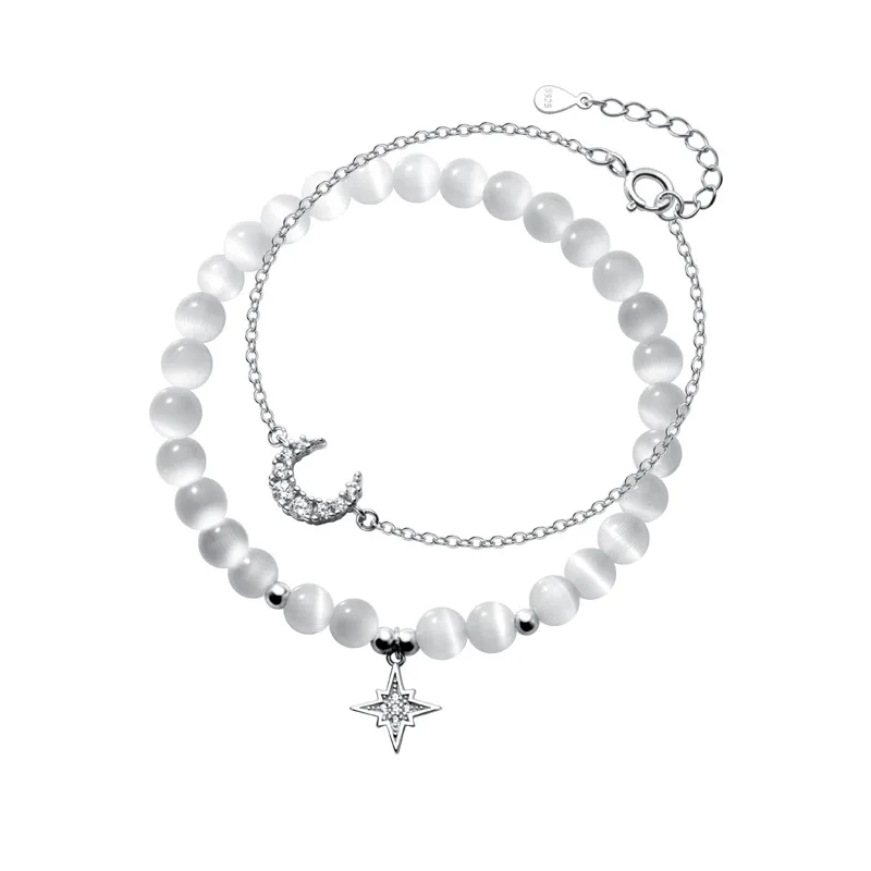 

16CM Genuine 925 Sterling Silver Fashion Sweet Synthetic Opal Moon Star CZ Bracelet For Women Wedding Fine Jewelry Gift