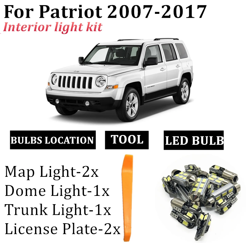 

6pcs Error Free LED Light Bulb Kit for 2007-2017 Jeep Patriot Interior Map Dome Trunk License Light For Car T10 festoon LED