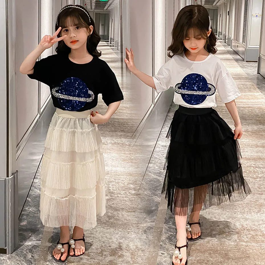 Летняя одежда для девочек футболка с блестками + юбка Повседневная стильная