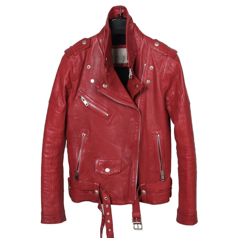 Женская короткая приталенная Байкерская кожаная куртка черная или красная