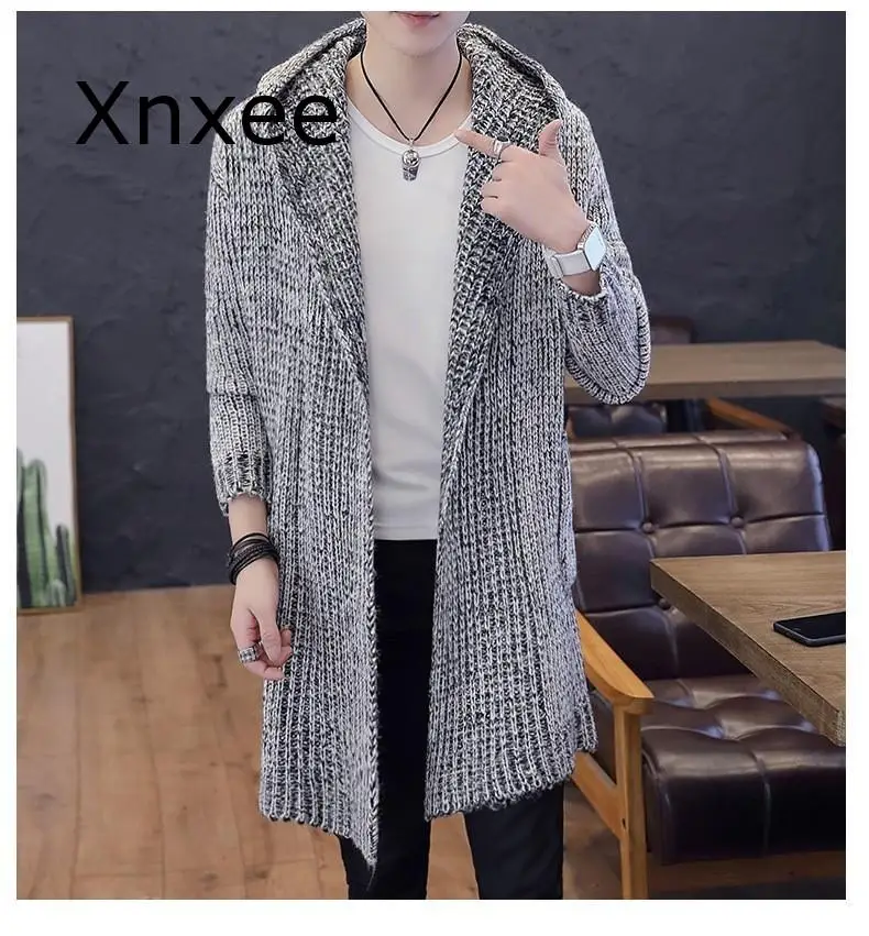 Осенне-зимний новый мужской длинный свитер Однотонный с капюшоном и длинным