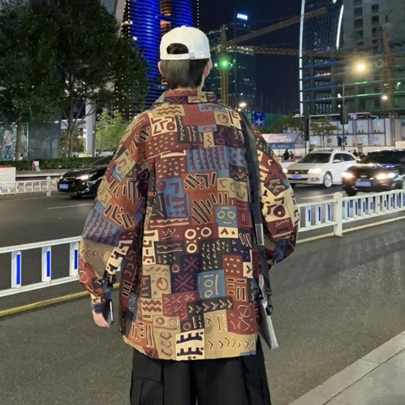 

Spring Autumn Men Print Shirt Long Sleeve Lapel Single-Breasted Loose Casual Blouse Large Size Cotton Mixed Color Korean Style