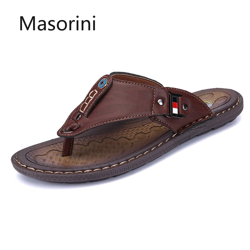 Мужские Пляжные шлепанцы коричневые сандалии без застежки повседневная кожаная