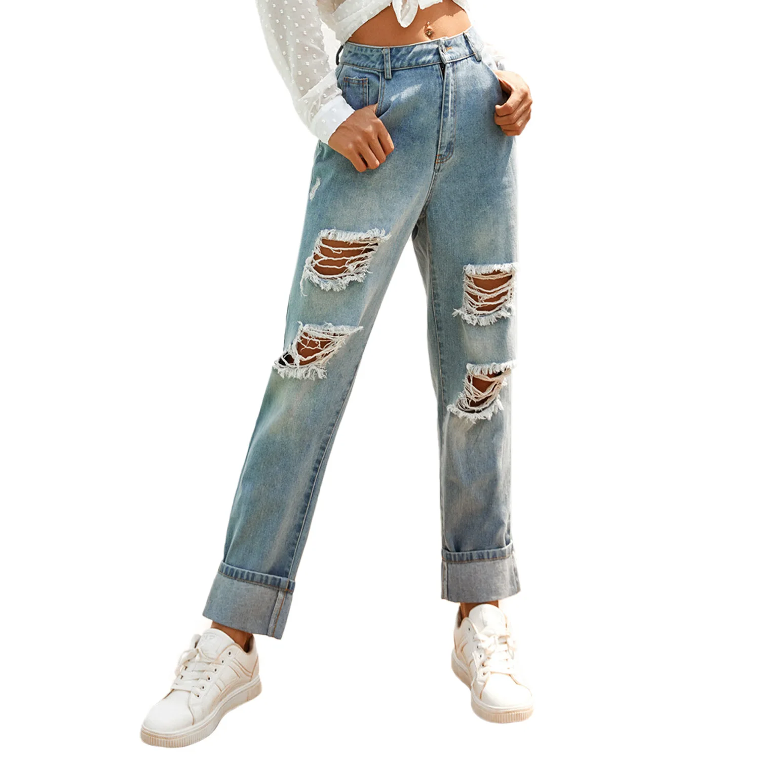 Sexy Ripped Hole Jeans Spring Women Retro Loose Washed High Waist Jeans Female Fashion Pockets Zipper Straight Jeans