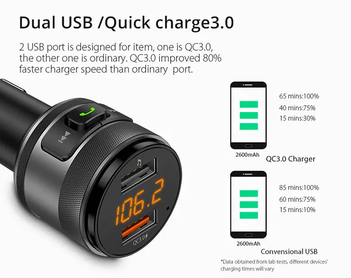 VANJEW C57 Быстрая зарядка 3,0 автомобильный Bluetooth fm-передатчик с двумя usb-портами автомобильное зарядное устройство fm-модулятор MP3-плеер Автомобильная Зажигалка Handfree