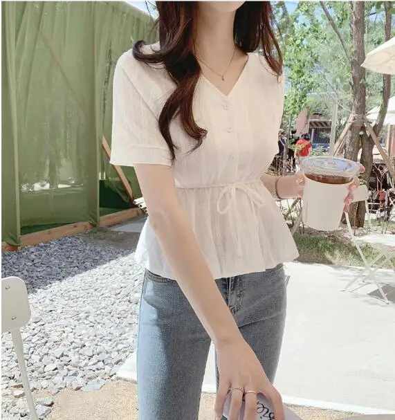 

2020 Top Women's Linen Blouse Fashion Woman Tunic Vintage Short Sleeve Blusas Elegant Tee Shirts 3 Colors Tops With belt